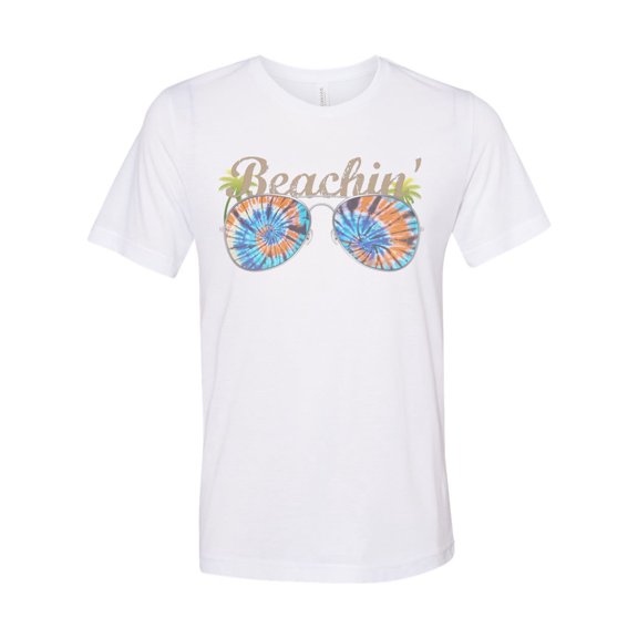 "Beach Shirt, Tie Dye Beachin', Beach Tee, Tie Dye Shirt, Unisex, Sublimation, Soft Bella Canvas, Sunglasses Shirt, Vacation Shirt, Tie Dye, White, LARGE"