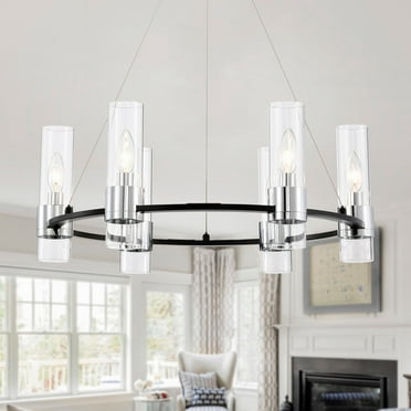 Warehouse of Tiffany 23" Brever Black 6-Light Chandelier Fluted Glass Shade Candelabra