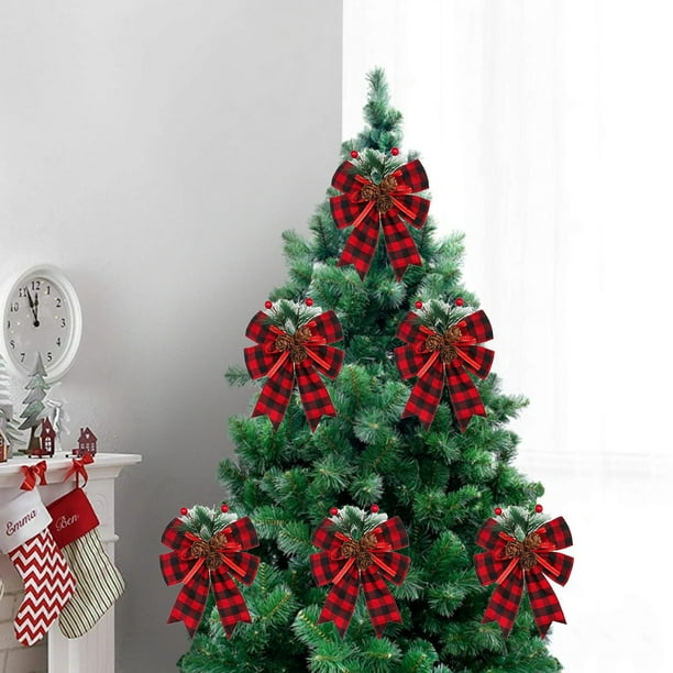 6 Lazos Navideños de Terciopelo con Dobladillo, Hechos a Mano, para Decoración Navideña (15 X 13 Cm) | Juego de 6 Pajaritas con Estampado de Cuadros para Decoración Navideña
