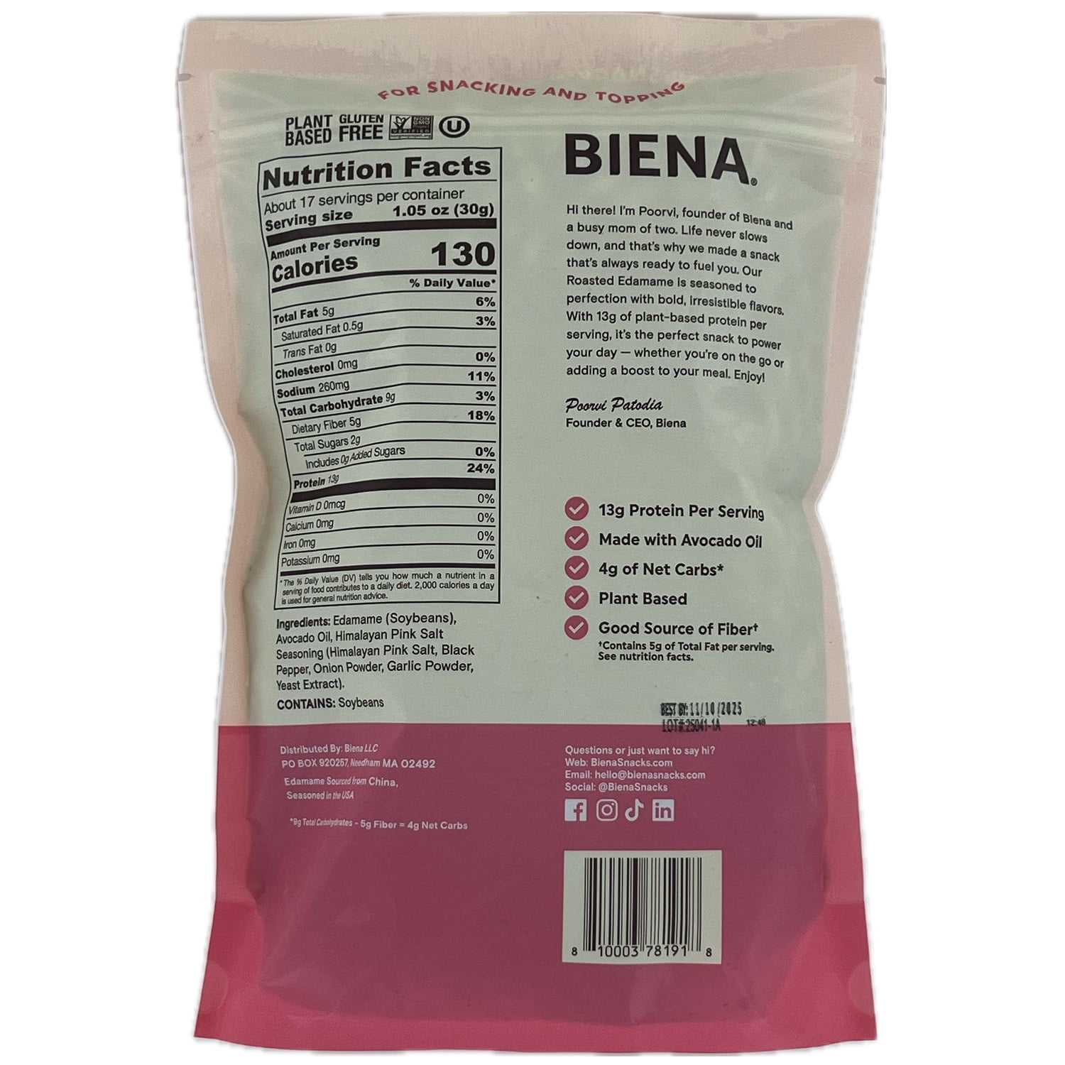 Biena Crispy Roasted Edamame, Himalayan Pink Salt, 18 Ounce