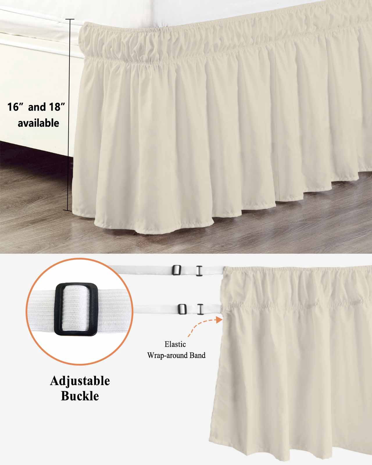 Beige Bed Skirt White Swan Solid Color Bed Skirts Queen Size 18 Inch Drop, Wrap Around Dust Ruffle&nbsp;Bedskirt with Adjustable Elastic Belt for Queen Size Beds