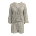 thumbnail image 4 of Curuila Womens Two Piece Set Lace V Neck Flared 3/4 Sleeves Top Shorts Solid Color Suits Elegant Fashion Casual Outfit Set Beige Size L, 4 of 6