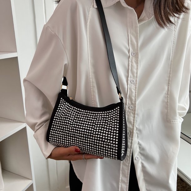 Bolso Bolso de mano con diamantes de imitación para mujer, PU, brillante, con diamantes, para axilas (plateado)