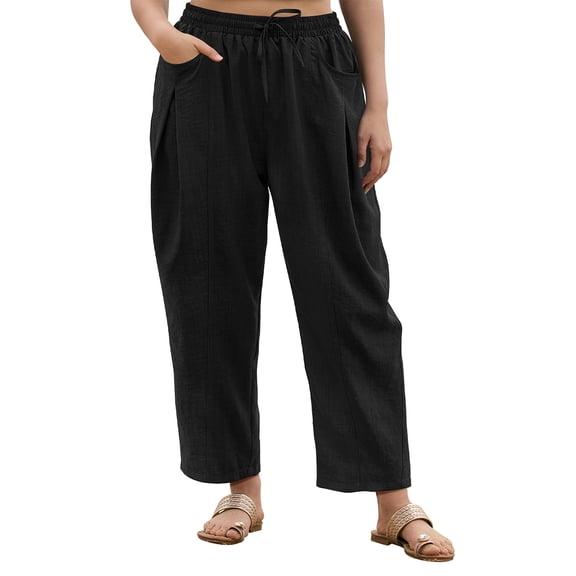 CASSIE LIZ Plus Size Pants Dress Wide Leg Crop Pleated Lounge Elastic High Waist Pants with Pockets Solid/Leopard (XL-5XL)