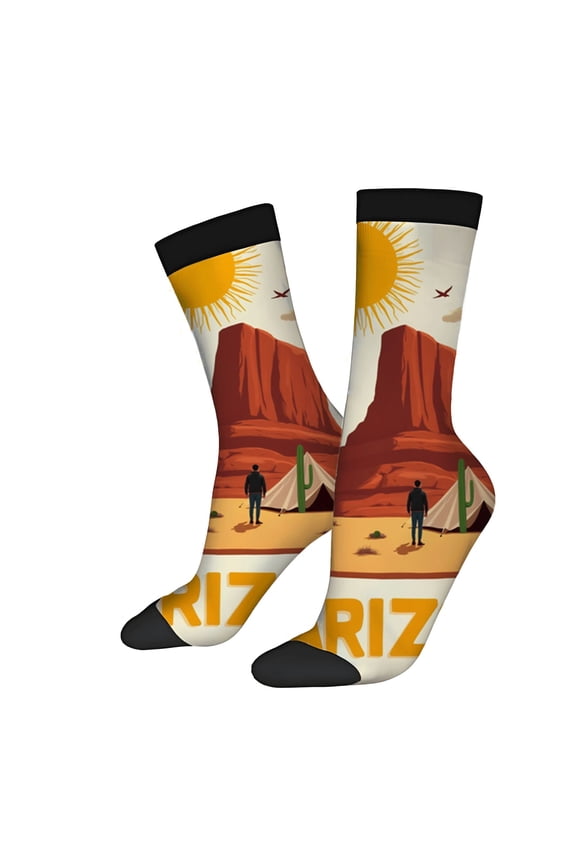 Four Seasons Universal Socks - 2 Pairs Unisex Trendy Socks with Vibrant Desert Landscape Design Cactus Tent & Sun Pattern