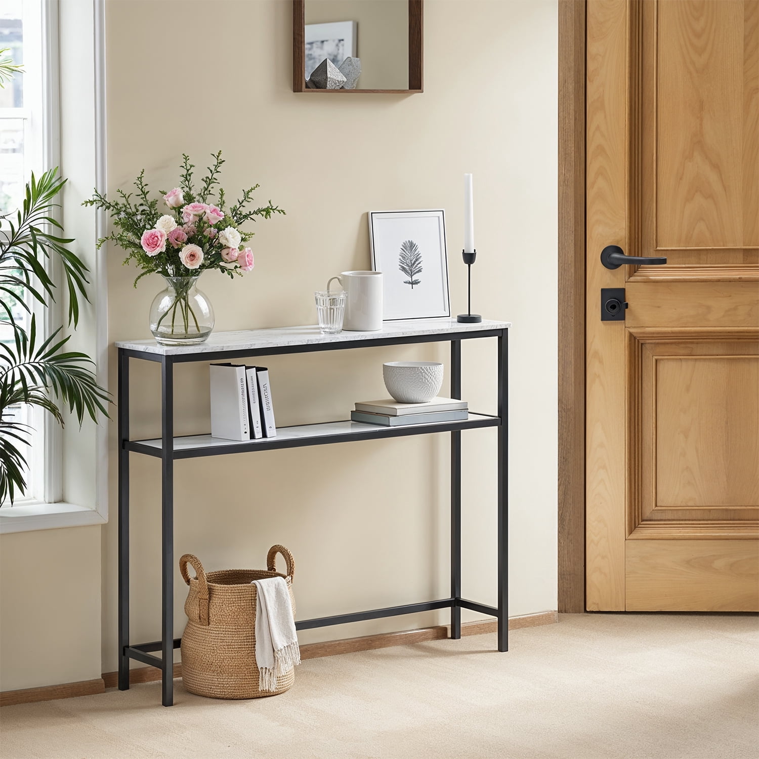 LEDREM 31.5" Modern Console Table, 2-Tier Narrow Sofa Table with Adjustable Feet, Entryway Shelf, Marble White and Black