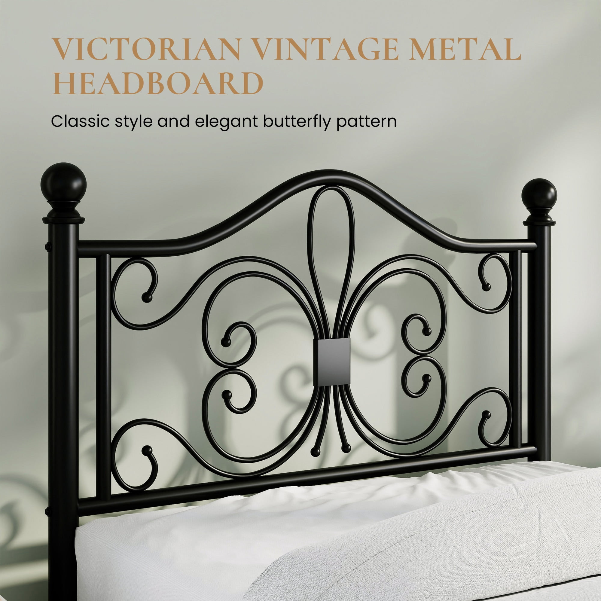 Sha Cerlin Twin Size Metal Platform Bed Frame with Victorian Vintage Butterfly Headboard&Footboard, Black