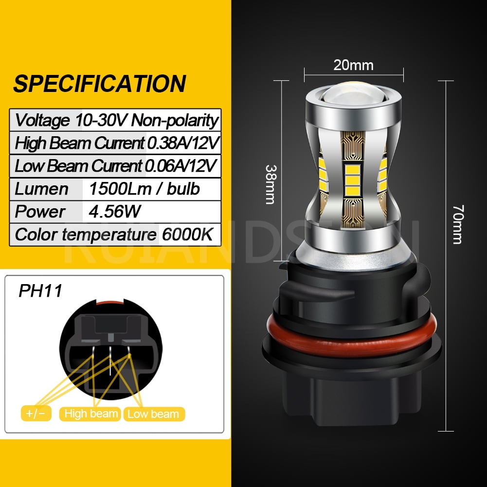 Ruiandsion PH11 LED Motorcycle Headlight Bulb - 10-30V, 6000K White, High/Low Beam