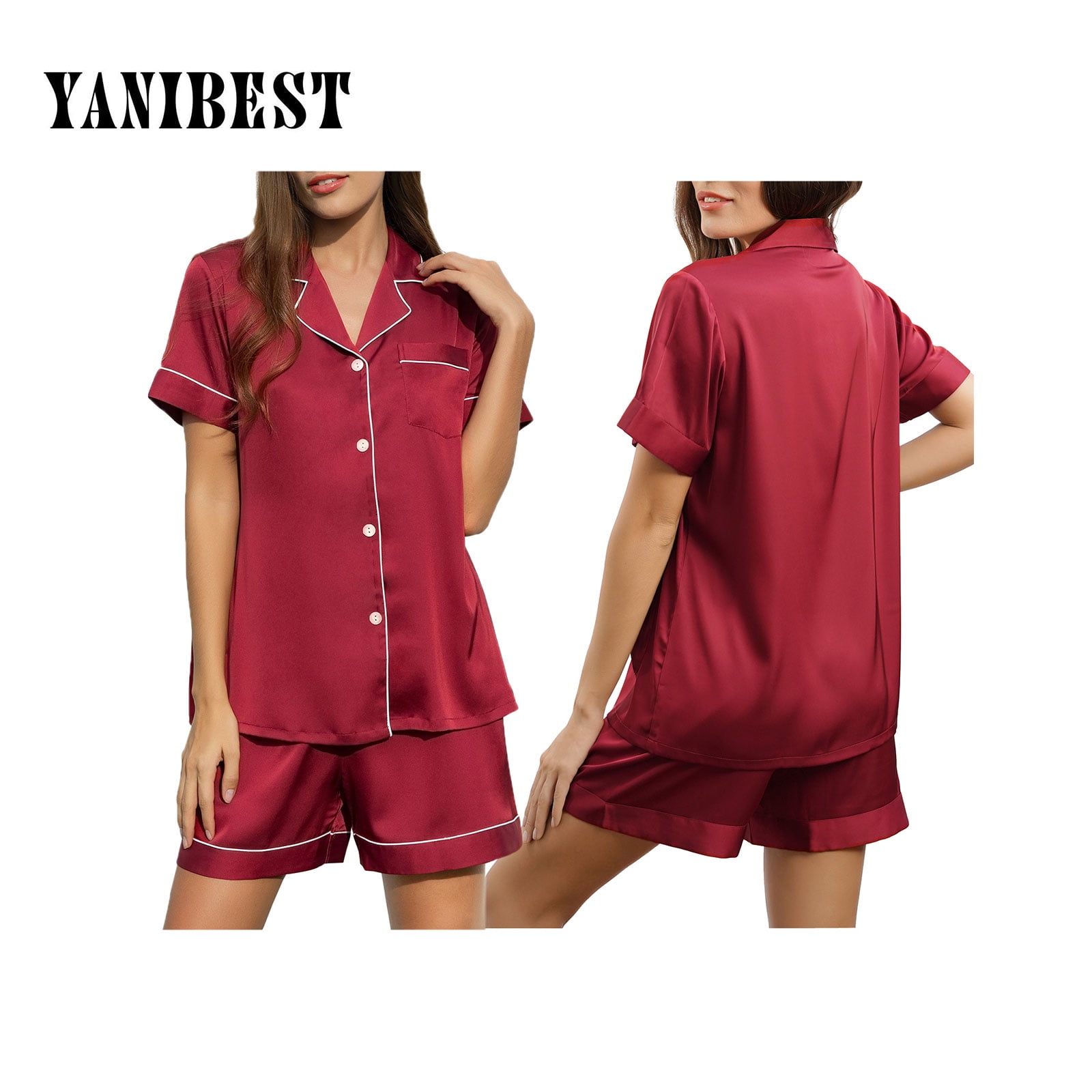 YANIBEST Womens Silk Satin Pajamas Set Short Sleeve Two-piece Pj