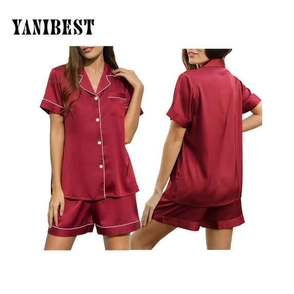 YANIBEST Womens Silk Satin Pajamas Set Short Sleeve Two-piece Pj Sets Sleepwear Button-Down Pj Sets
