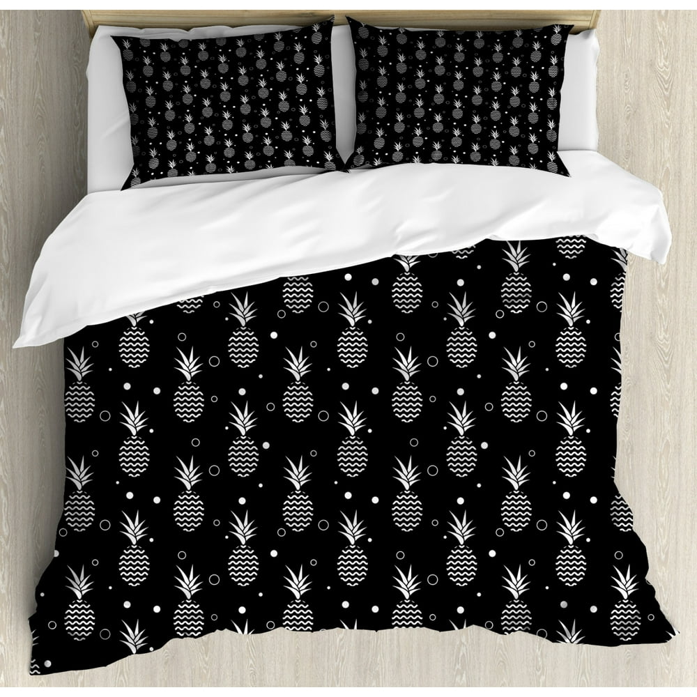 Tropical Duvet Cover Set Queen Size, Monochrome Pineapples with