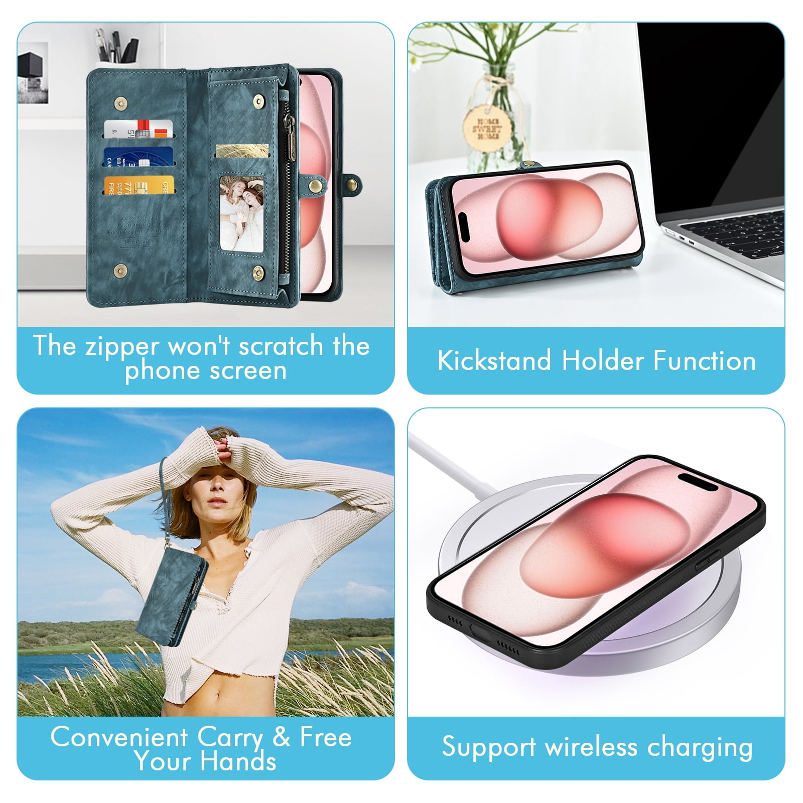 Asuwish Compatible with iPhone 15 6.1 inch Phone Case Zipper Wallet Detachable Tempered Glass Screen Protector Crossbody Lanyard Strap Flip Card Holder Cell Cover for i Phone15 i15 15Case Women Blue
