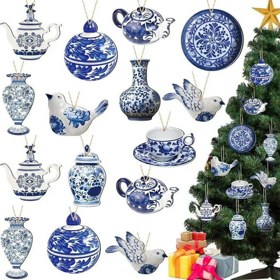 40 Pcs Wooden Ornaments Blue and White Christmas Hanging Chinoiserie Christmas Ornaments Ginger Jar Ornaments Teapot Bird Cup Ornament