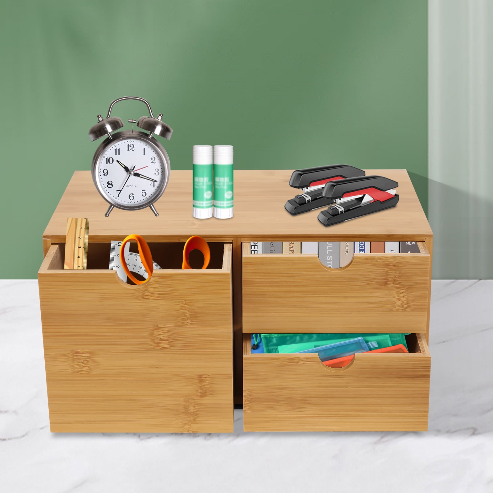 3 Drawers 33*19*16cm Bamboo Desk Organizer Wood Color Mini Bamboo Desk Drawer Tabletop Storage Organization Box