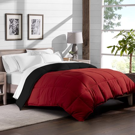 Ultra-Soft Premium 1800 Series Goose Down Alternative Reversible Comforter - Hypoallergenic - All Season - Plush Fiberfill (Full/Queen, Black/Red)