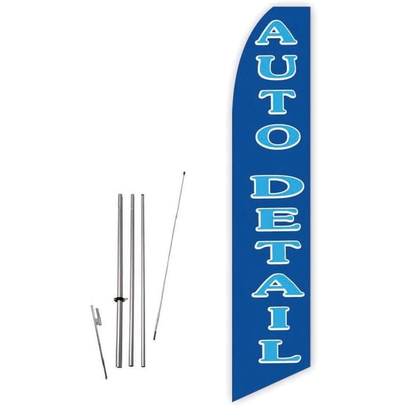 Auto Detail Blue Super Novo Feather Flag - Complete with 15ft Pole Set and Ground Spike