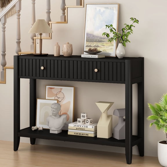 S-HOME Versatile Black Wood Accent Console Table with Drawers, Narrow Sofa Table for Entryway and Hallway Organization