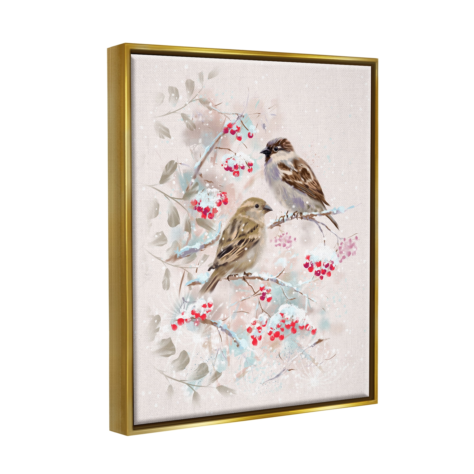 Stupell Industries Finches Perched Seasonal Berries Animals & Insects Painting Gold Floater Framed Art Print Wall Art