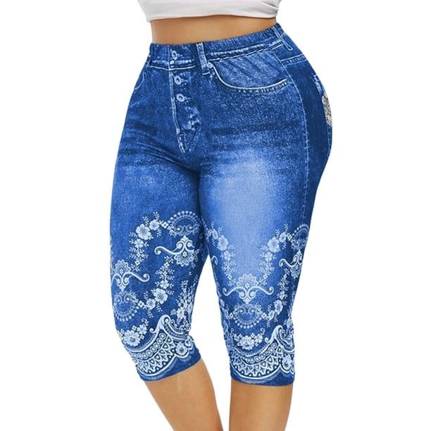 Fashnice Women Look Print Jeggings High Waist Denim Printed Leggings Butt  Lifting Capri Fake Jeans Full Length Yoga Pencil Pants Light Blue S 