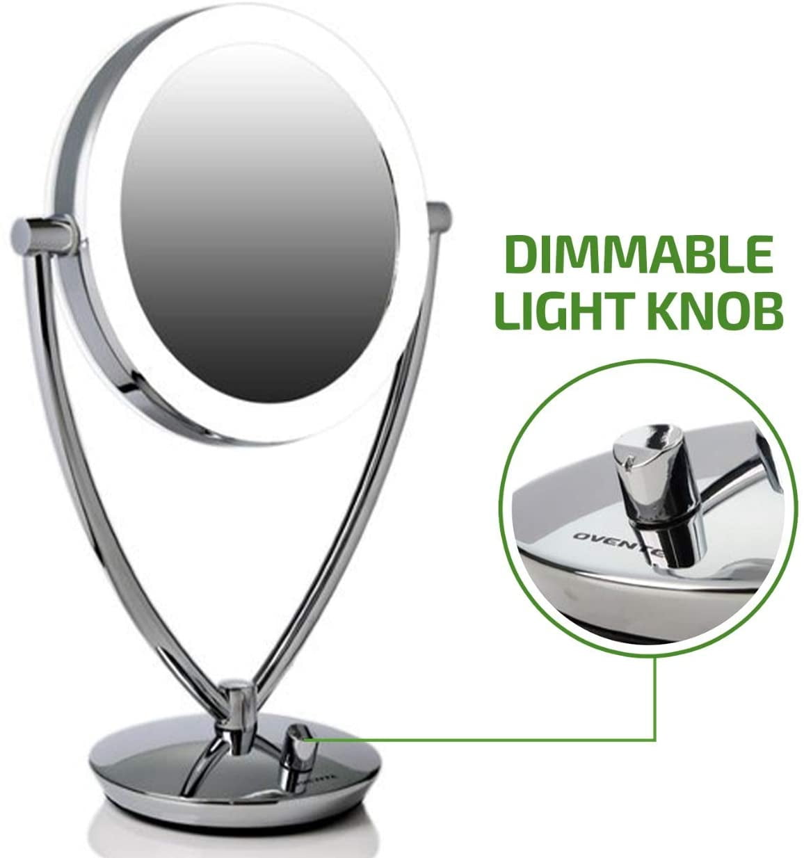 OVENTE 8" Lighted Tabletop Makeup Mirror with 1X/5X Magnification, Double-Sided Magnifying Vanity Mirror, Dimmable LED Lights, 360° Swivel Design and Dual Power Supply, Polished Chrome MLT75CH1X5X