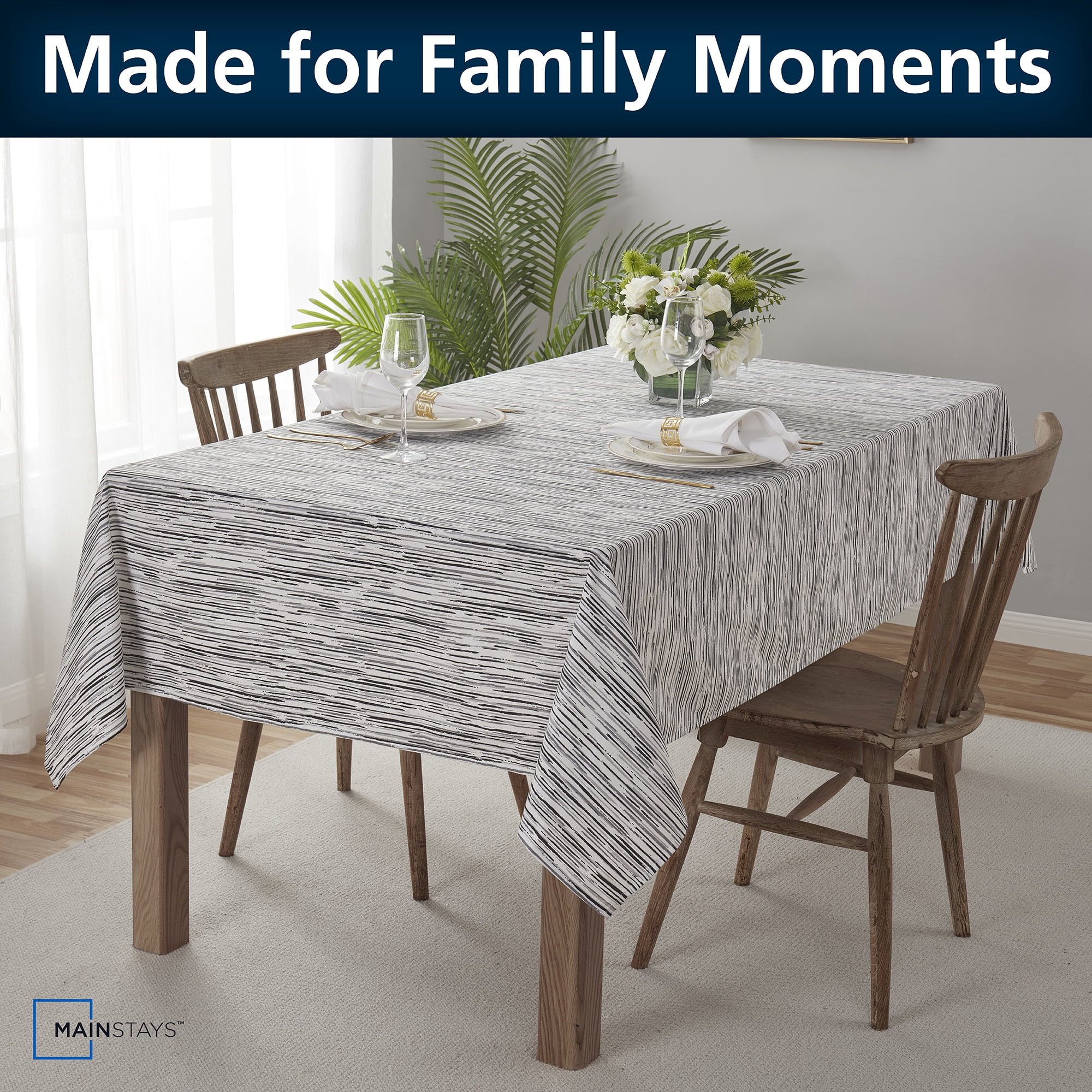 Mainstays Contemporary Tablecloth, 60 in x 102 in, Black and White Striped