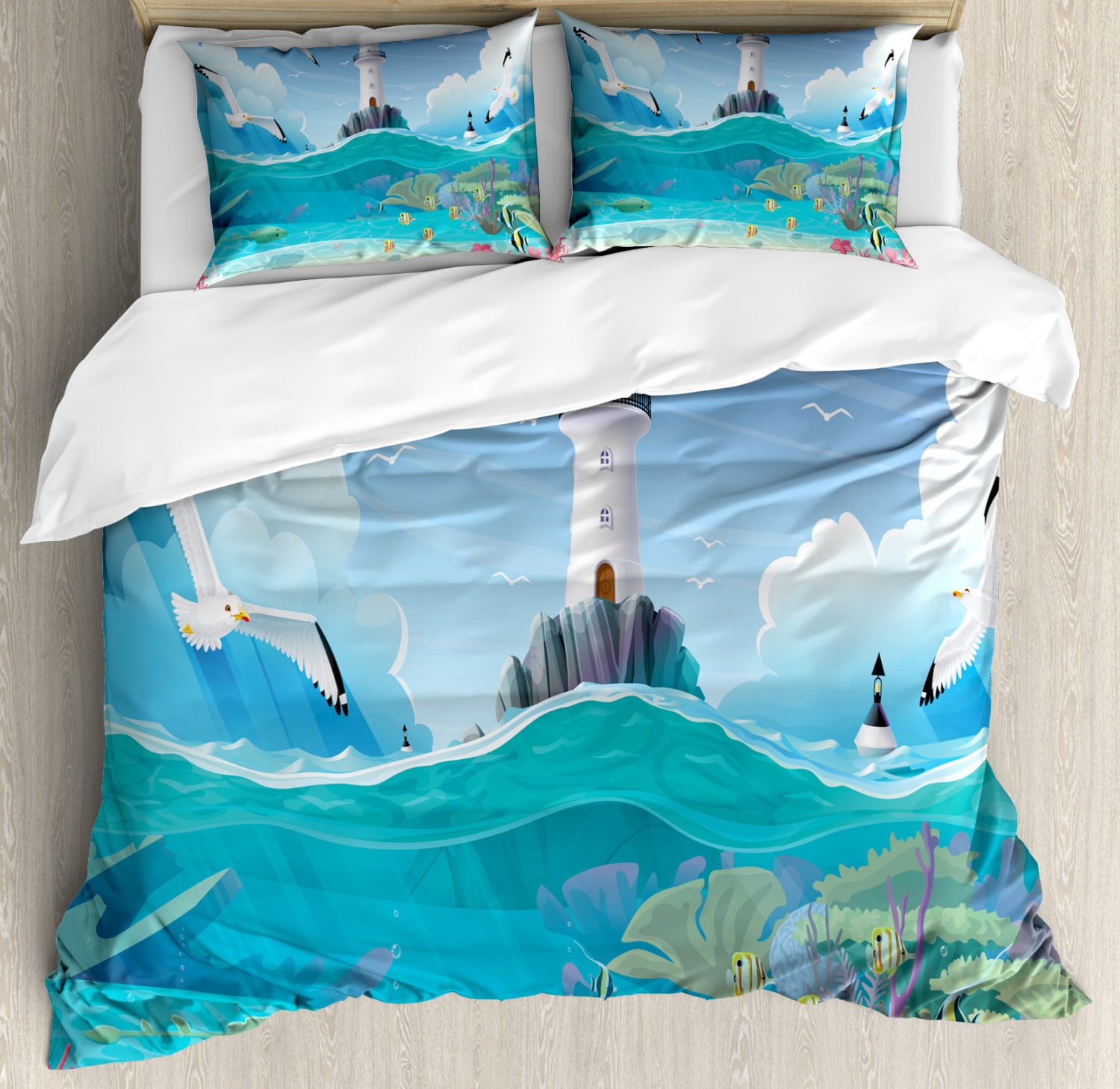 Blue Nautical Duvet Cover Set King Size, Cartoon Style Watchtower Sea ...