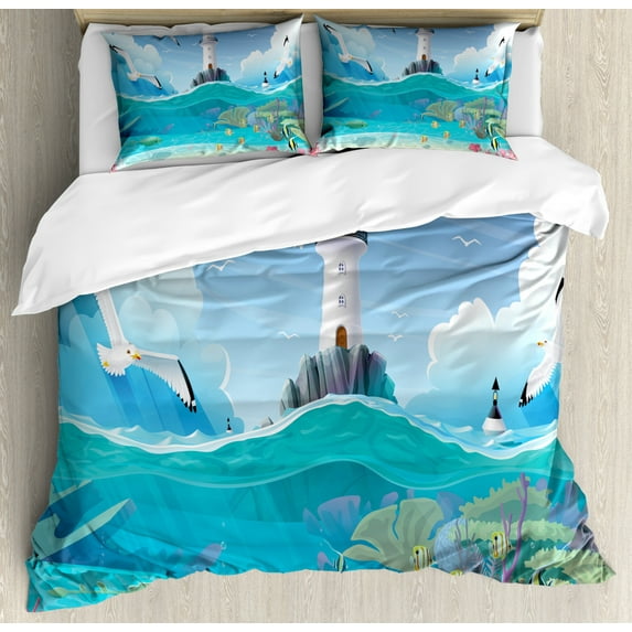 Blue Nautical Duvet Cover Set Queen Size, Cartoon Style Watchtower Sea Port Seagulls Flying Waves Fish Scenery, Decorative 3 Piece Bedding Set with 2 Pillow Shams, Multicolor, by Ambesonne