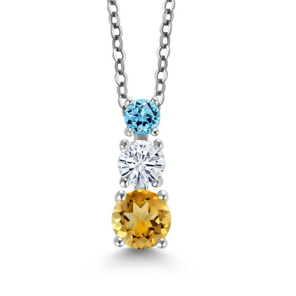 Gem Stone King Yellow Citrine White Moissanite Swiss Blue Topaz 3 Stone Pendant Necklace for Women (1.11 cttw, Gemstone Birthstone, Round 5MM, 4MM and 3MM, with 18 inch Chain)