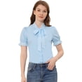 thumbnail image 1 of Unique Bargains Women's Embroidered Tie Neck Cotton Button-Down Blouse Light Blue L, 1 of 5
