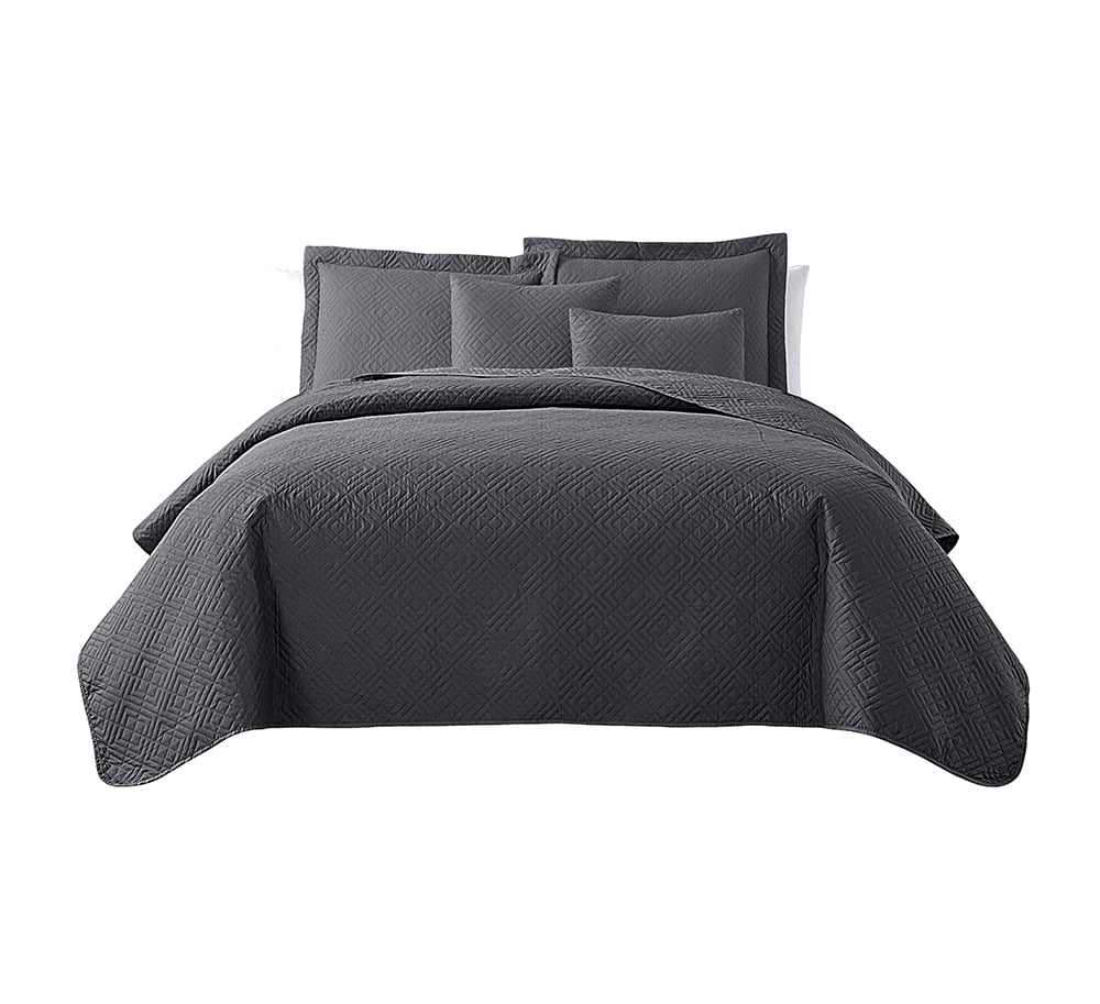 Nestl 5 Piece Quilt Set Queen , Soft Microfiber Lightweight Bedspread Coverlet, Modern Style Diamond Weave Bed Cover, Gray