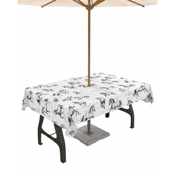 Fsddascl Black Horse Outdoor Tablecloth - 60x84 Inch Rectangle Dining Table Cover, Watercolor Vintage Animals Waterproof Outdoor Table Cloth with Umbrella Hole & Zipper for Picnic/Patio/Party