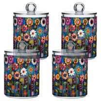 Yayeee 4 Pack Qtip Holder Bathroom Cotton Swab Canister with Lid Clear Dispenser Set, Blue Colorful Flowers