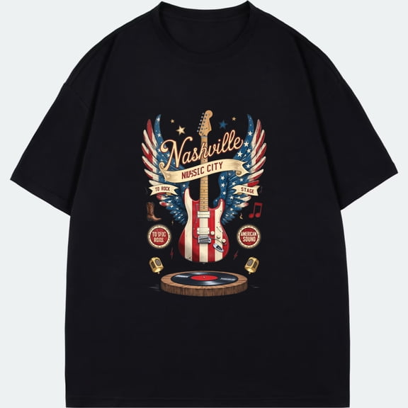 Nashville Music City T Shirt Black Guitar American Flag Wings And Stars Design For Music Lovers And Country Fans