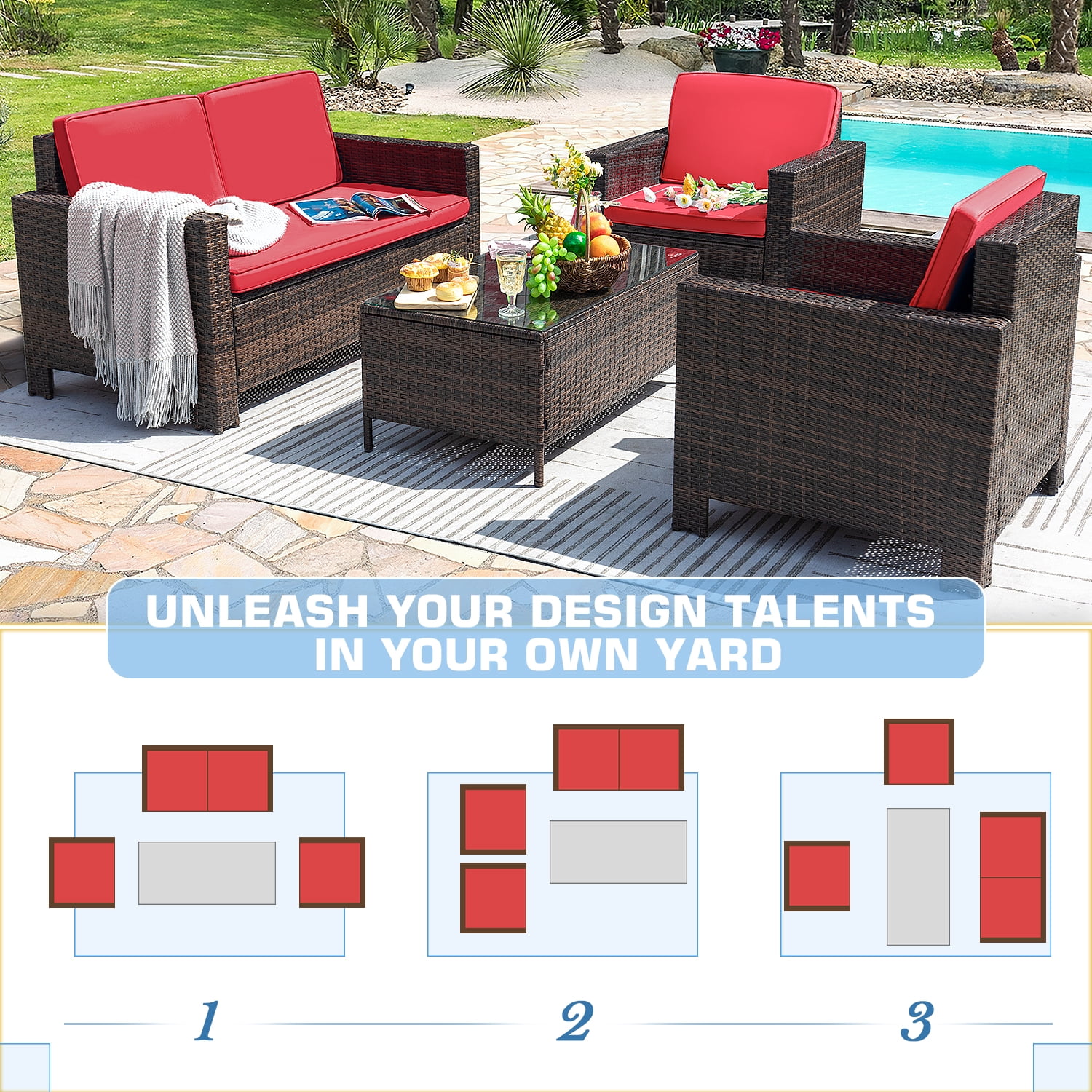 Lacoo 4-Piece Wicker Outdoor Patio Indoor Conversation Set with Cushions, Brown/Red