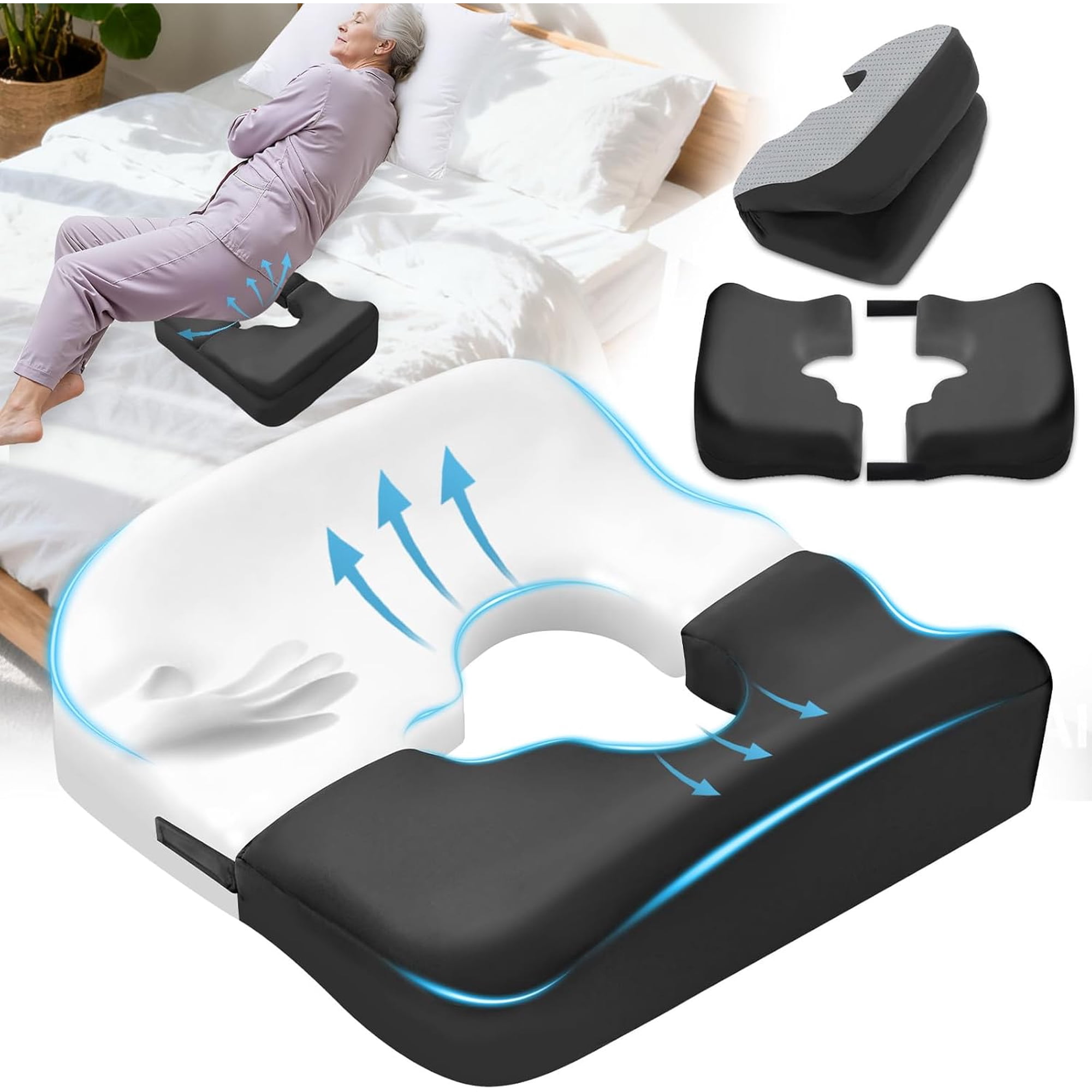 Upgraded Bed Sore Cushions for Butt, Bedsore Pressure Relief Pillow for Sleeping and Sitting,Memory Foam Bed Sore Donut Pillow,Tailbone Pain Relief Cushion for Bed Sores on Buttocks, Black