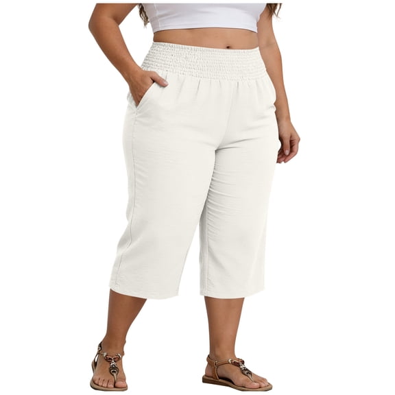 Nugftut Womens Capris Plus Size, Baggy High Waist Casual Capri Pants with Pockets for Summer Thin Lightweight Clothes