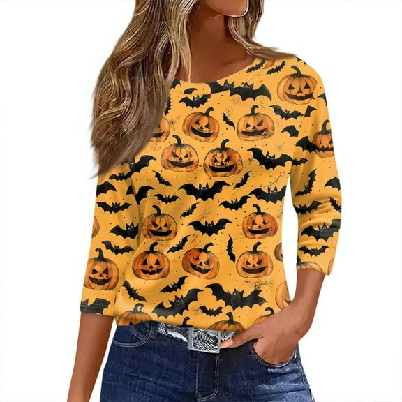 WTOBBY Women's 3/4 Sleeve Bat and Pumpkin Print Round Neck Casual T-Shirt Top Halloween Themed Fashion Tee for Autumn Holiday Celebration,Ginger L