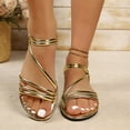 thumbnail image 2 of KIJBLAE Women's Metallic Multi-Strap Flat Sandals, Ankle Wrap Open Toe Comfort Shoes, Plus Size Shiny Style Footwear for Summer Parties Gold 39, 2 of 7