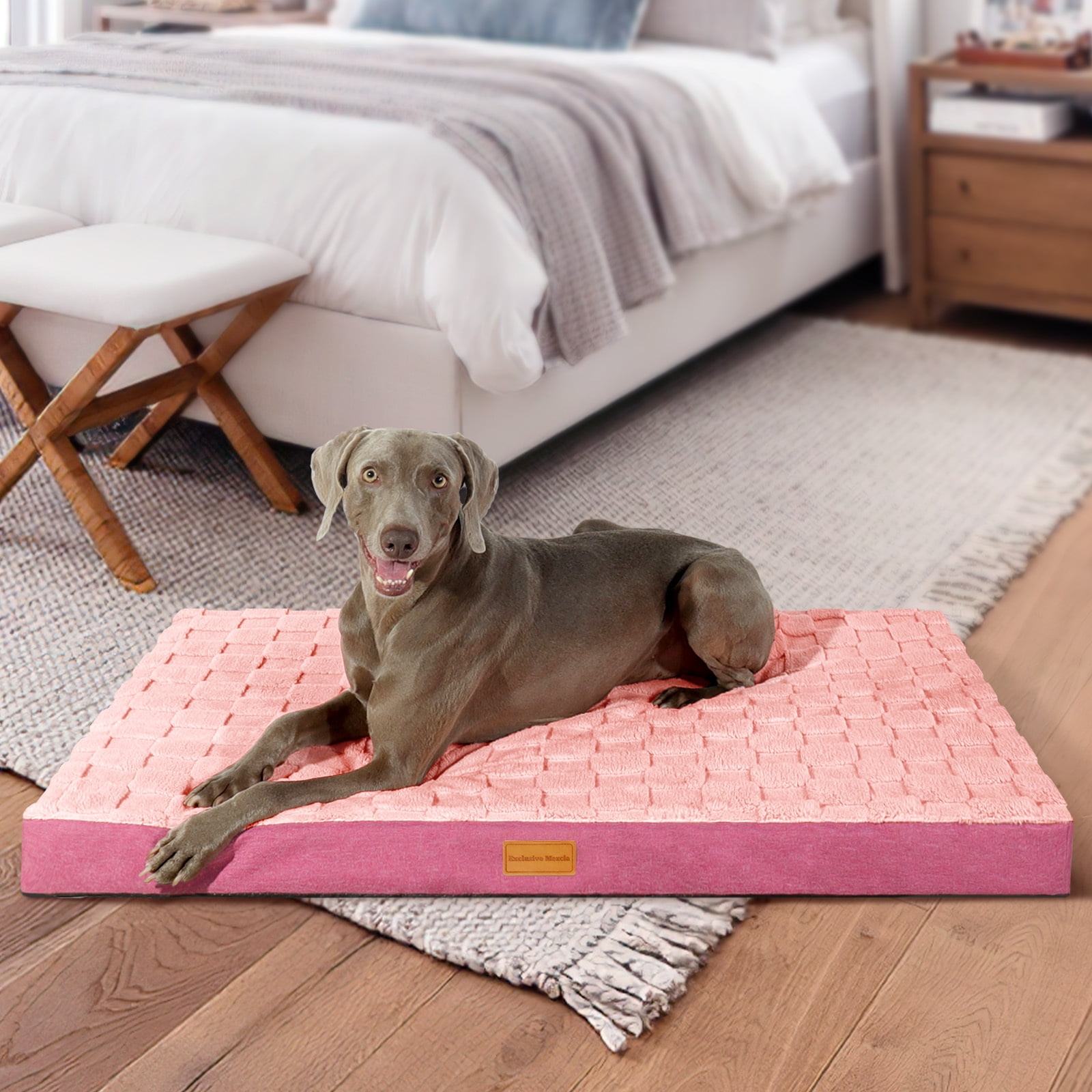 Exclusivo Mezcla Checkered Orthopedic Pet Bed for Extra Large Dogs 56"X40", Waterproof Removable Washable Cover, Pink