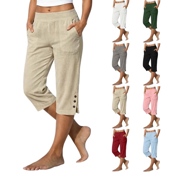 Hvogkswy Linen Capri Pants for Women Solid Color Elastic High Waisted 3/4 Length Pants with Pockets Soft Comfy Summer Yoga Workout Casual Capri Pants