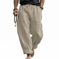 thumbnail image 3 of Linen Pants for Men Elastic High Waist Drawstring Wide Leg Pants Casual Breathable Summer Vacation Beach Trousers, S, 3 of 9