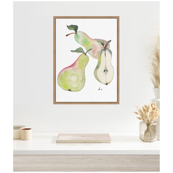 Kate and Laurel Watercolor Green Pears Framed Canvas Wall Art  by Viola Kreczmer 18 x 24 Sylvie Beaded Rustic Natural, Whimsical, Still Life, Cuisine Art for Wall Decor, Living Room Bedroom