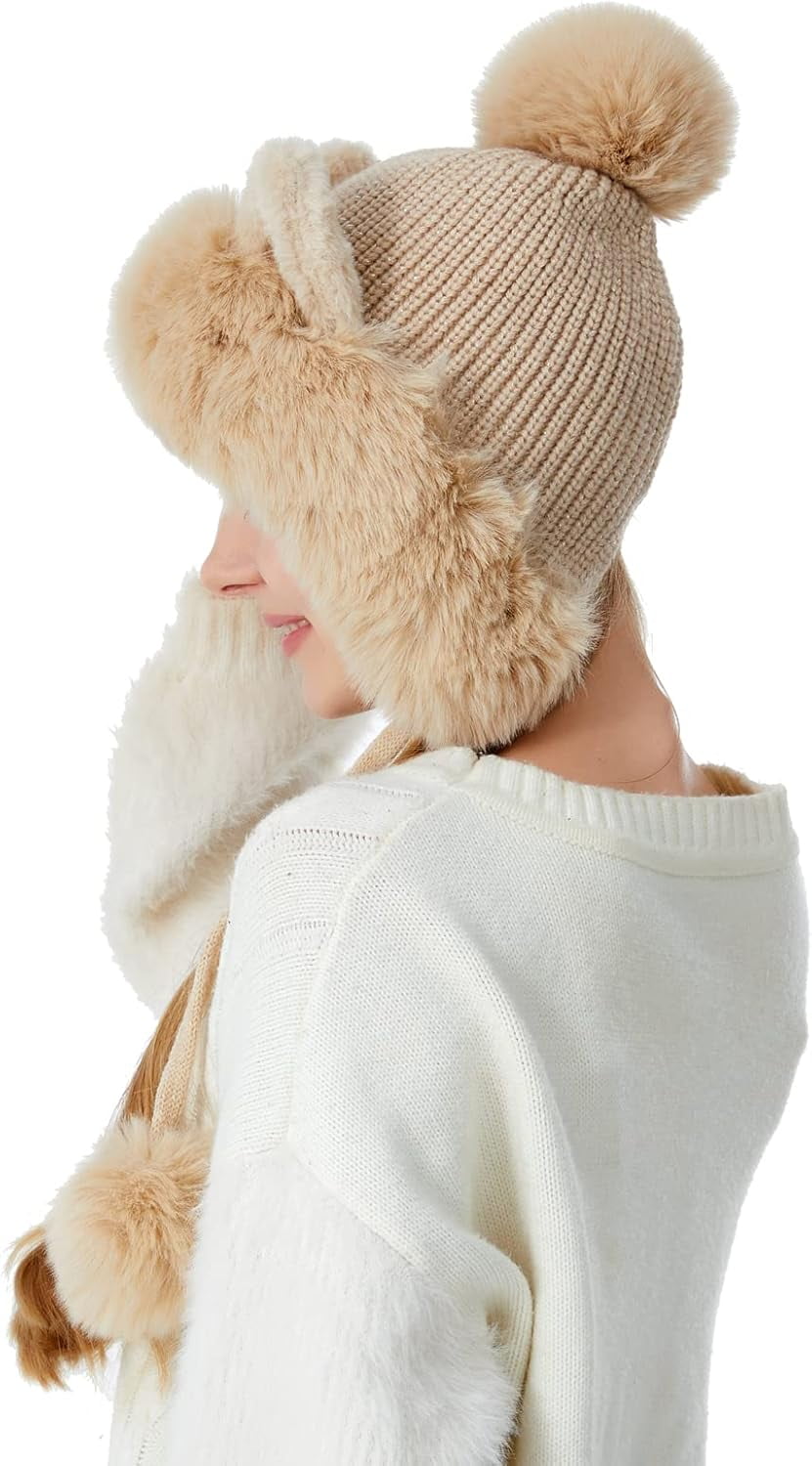 Women Winter Cover Ears Beanie Hat Ear Flaps Ski Snow Hats Knit Fleece Lined 3 Pom Pom