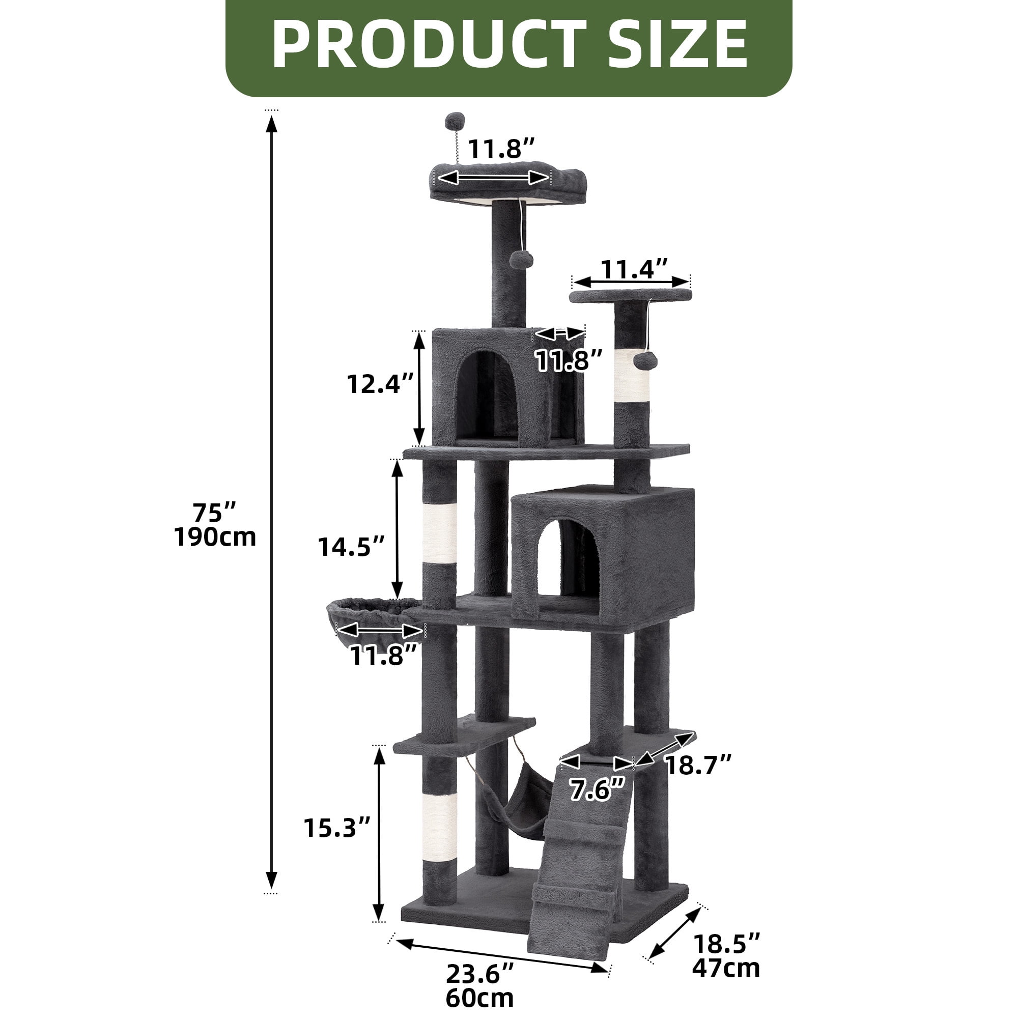 Uforic 44" Cat Tree Tower with Scratch Posts, Condo, Hammock & Toys, Dark Gray