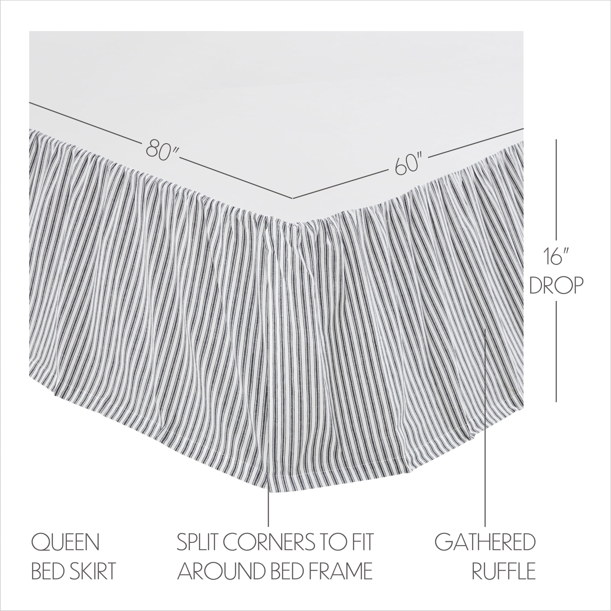 VHC Brands, Sawyer Mill Ticking Stripe Queen Bed Skirt, Black, 60x80x16
