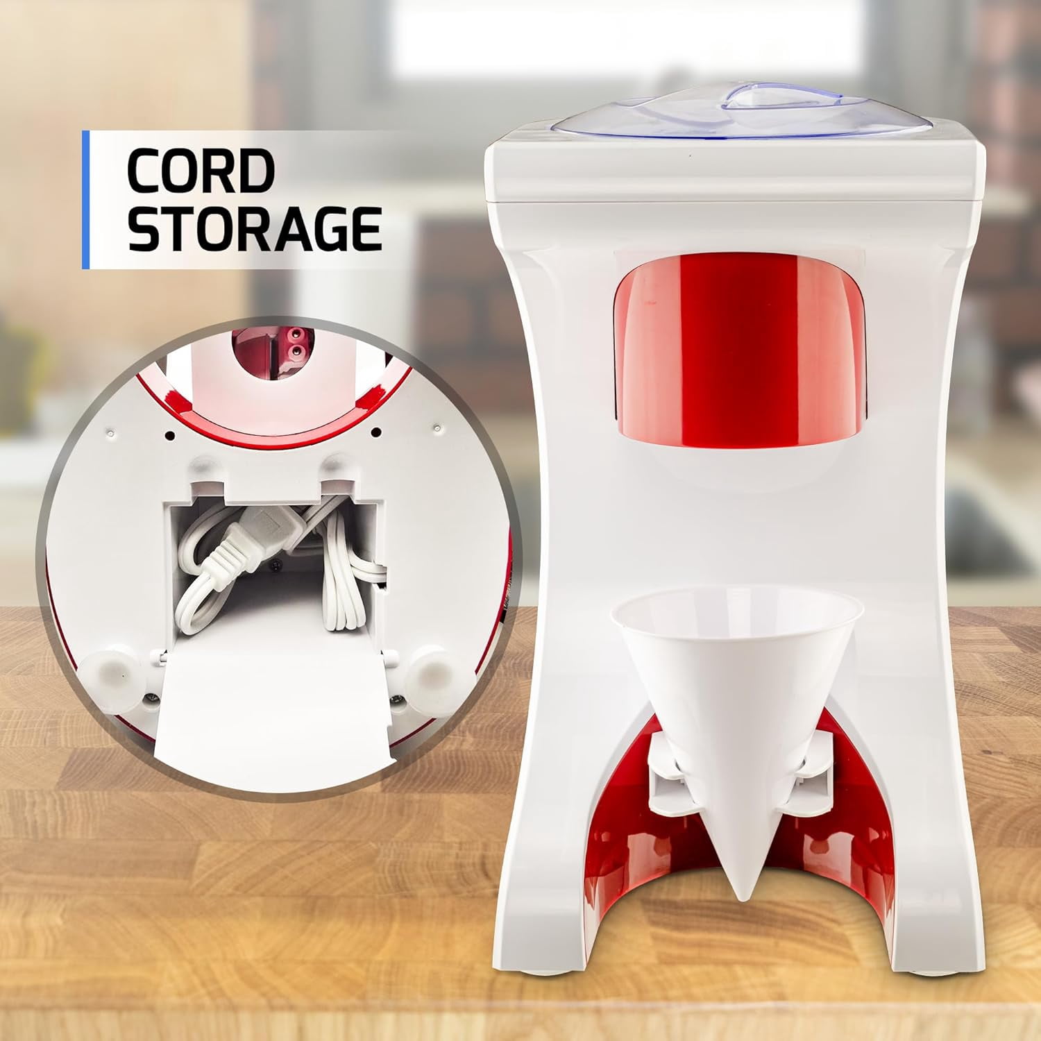 OVENTE Shaved Ice Snow Cone Machine with Reusable Plastic Cup, Non-Slip Mat and Stainless Steel Blade, Kitchen Countertop Slushie Machine for Homemade Snowballs, Frozen Cocktails & More, Red ICR1505R