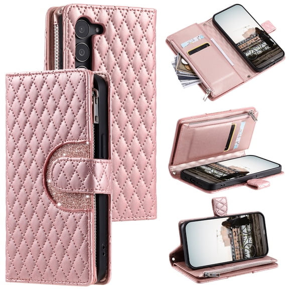 Crossbody Wallet Case for Samsung Galaxy S23 Glitter PU Leather Phone Case with Card Slots Kickstand Wrist Strap Cover Magnetic Closure Flip Handbag Zipper Purse Case for Women Girls, Rosegold