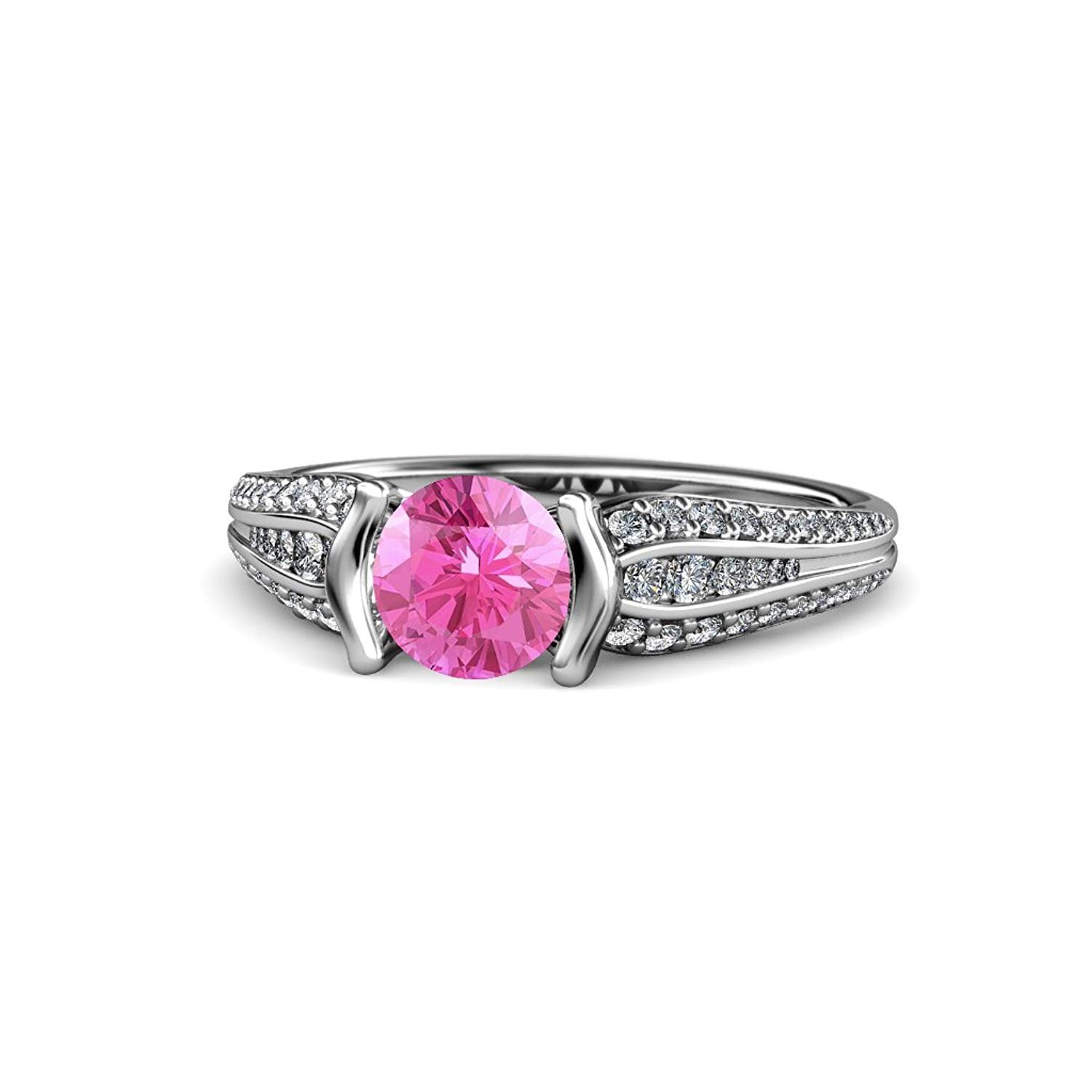 Pink Sapphire and Diamond (SI2-I1, G-H) Half Bezel Engagement Ring 1.45 ct tw in 14K White Gold by TriJewels