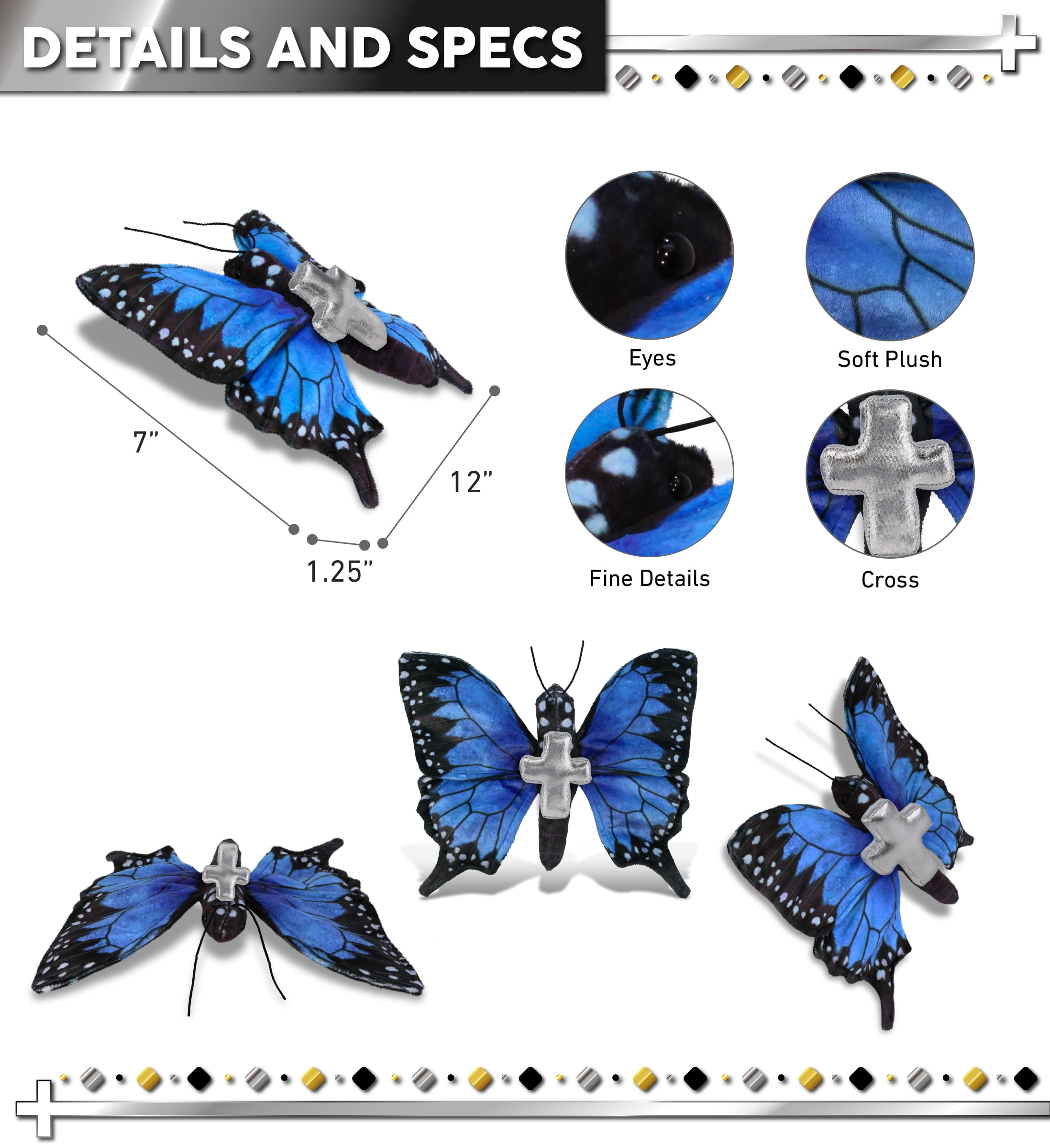 DolliBu Wild Collection Blue Butterfly Stuffed Animal with Silver Cross Plush - Baptism Gifts for Boys and Girls, Dedication Christening Gifts Plush Prayer Toy Healing Stuffed Animal - 12 Inches