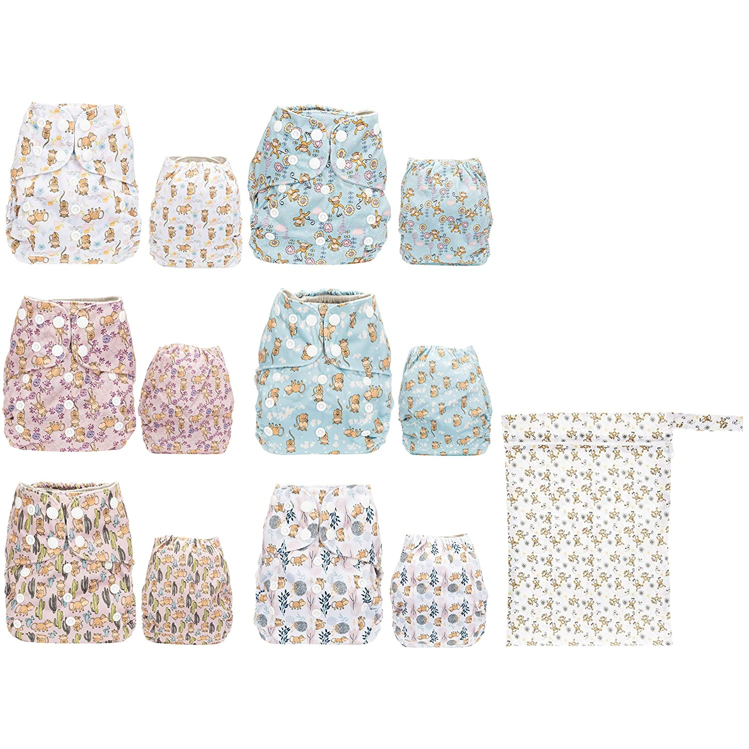 Simple Being Reusable Cloth Diapers,6 Pack Pocket Adjustable Size,Waterproof Cover,6 Inserts,Wet Bag, Double Gusset (Monkey)